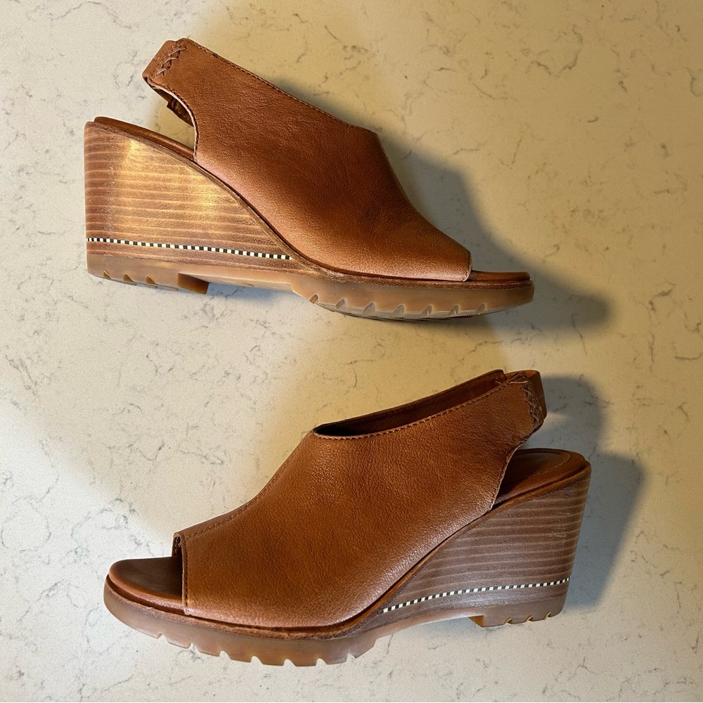 Sorel Nadia Camel Brown Leather Slingbacks Wedge Heeled Sandals - Picture 8 of 14